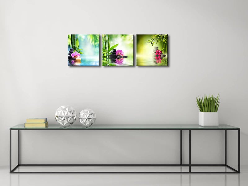 Pyradecor 3 Piece Modern Stretched and Framed Contemporary Zen Spa Stone Giclee Canvas Prints Green Bamboo Pictures paintings on Canvas Wall Art for Living Room Bedroom Home Decorations - Image 3