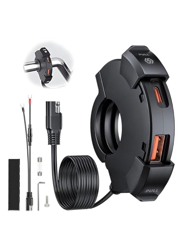 erorex Phone Charger 3.0 12v/24v Motorbike USB Adapter, Dual Type-C USB Port Socket Power Outlet Waterproof Handlebar (22/25.4mm) Socket 186cm Cable for Phone Tablet GPS, SAE to USB Quick Charge  - Image 1