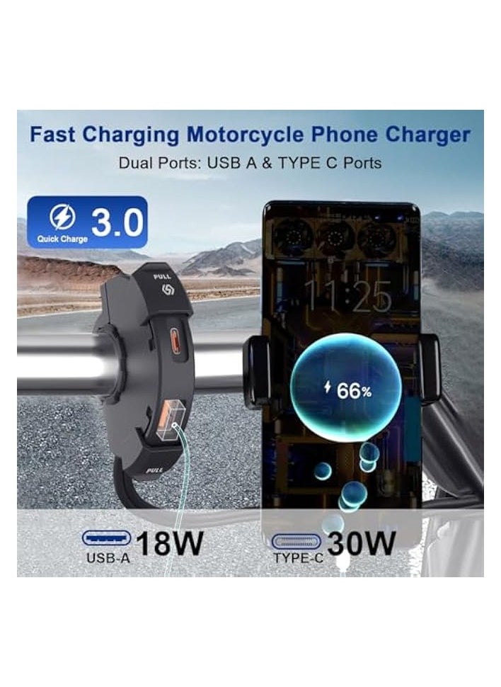erorex Phone Charger 3.0 12v/24v Motorbike USB Adapter, Dual Type-C USB Port Socket Power Outlet Waterproof Handlebar (22/25.4mm) Socket 186cm Cable for Phone Tablet GPS, SAE to USB Quick Charge  - Image 2