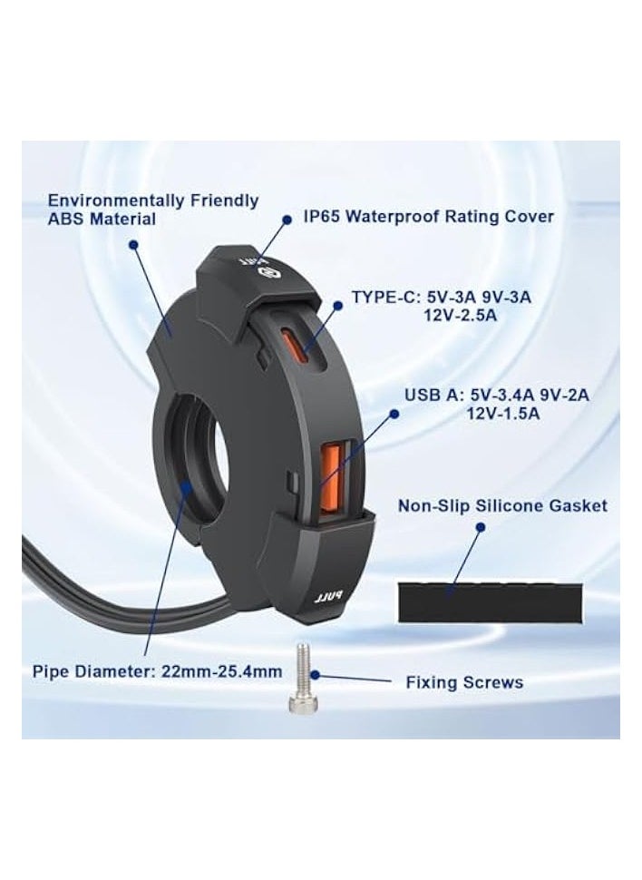 erorex Phone Charger 3.0 12v/24v Motorbike USB Adapter, Dual Type-C USB Port Socket Power Outlet Waterproof Handlebar (22/25.4mm) Socket 186cm Cable for Phone Tablet GPS, SAE to USB Quick Charge  - Image 3