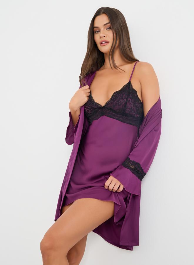 Styli Contrast Lace Detail Satin Slip Dress and Robe Set - Image 1