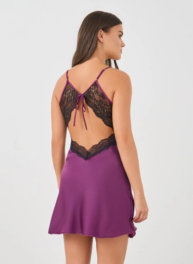Styli Styli Contrast Lace Detail Satin Slip Dress and Robe Set