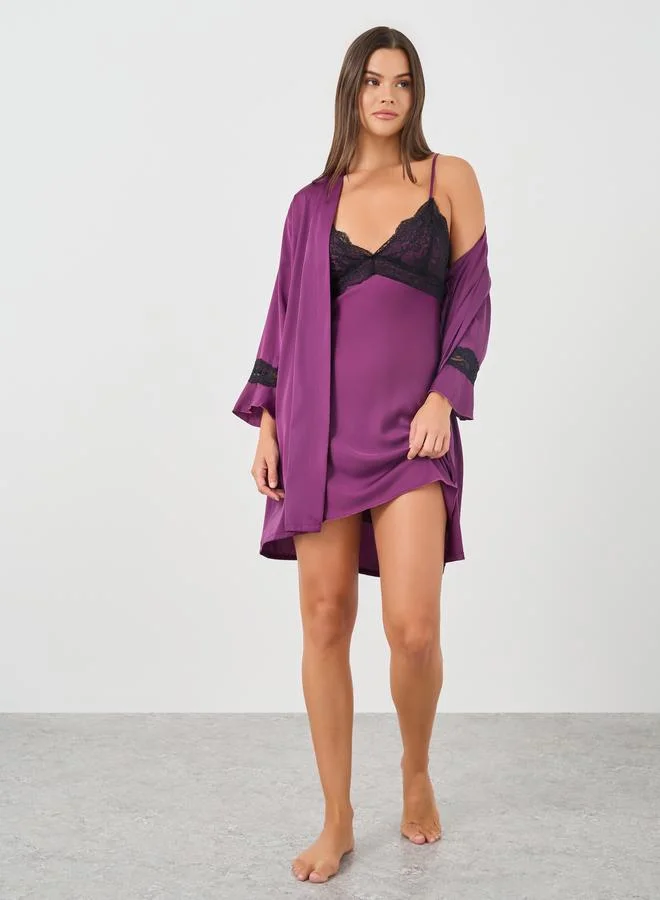 Styli Styli Contrast Lace Detail Satin Slip Dress and Robe Set