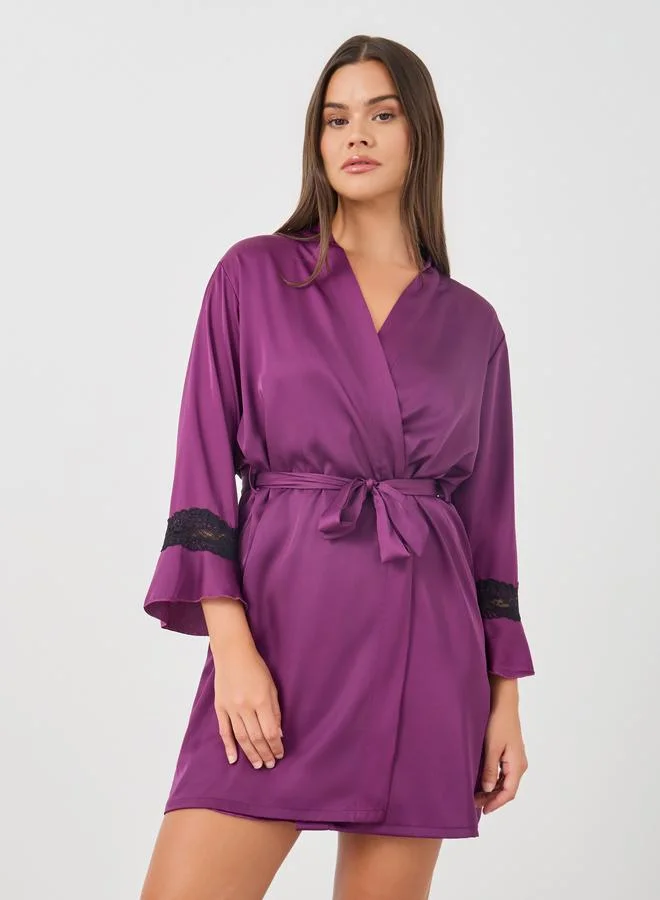 Styli Styli Contrast Lace Detail Satin Slip Dress and Robe Set