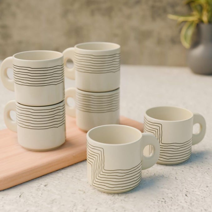 CREAM BLACK ZIGGY CERAMIC TEA CUP SET OF 6 200 ML EACH MICROWAVE AND DISHWASHER SAFE COFFEE CUPS CUP SET OF 6 FOR TEACHAI COFFEE IDEAL FOR GIFTING HOME OFFICE EVERY OCCASION