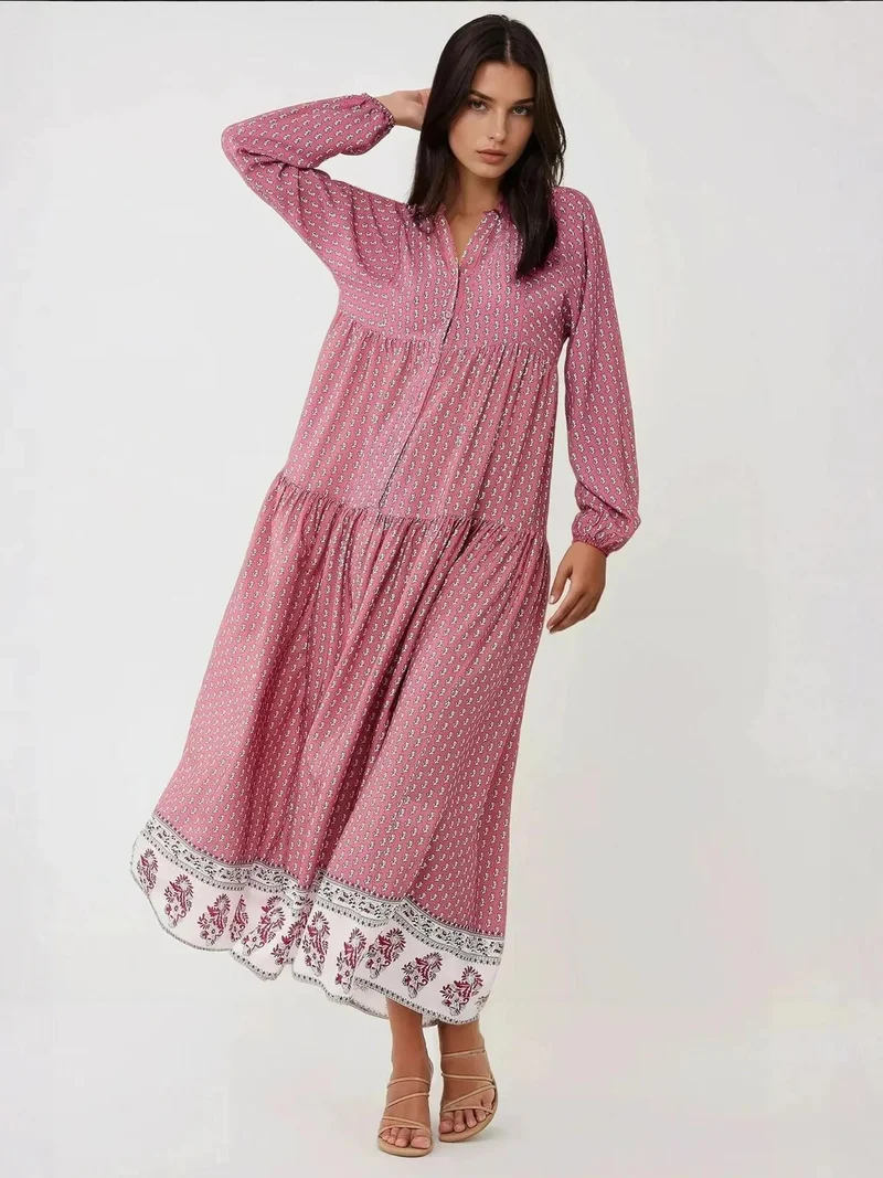 HICCUP Printed V-Neck Maxi Dress