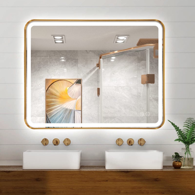 مرآة حمام LED نيسي 32x20 مستطيلة مثبتة على الحائط مع إطار معدني مضادة للضباب مرآة ذكية قابلة للتعتيم للحمام وغرفة النوم وغرفة المعيشة ومدخل أفقي أو عمودي باللون الذهبي
