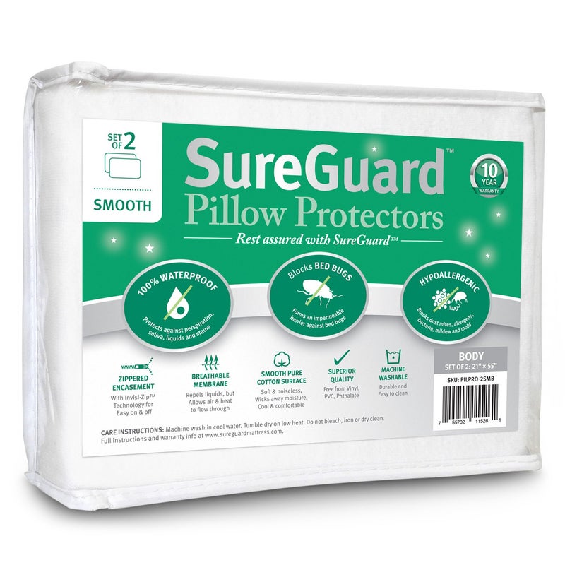 SureGuard Mattress P Set of 2 Body Size SureGuard Pillow Protectors - 100% Waterproof  Bed Bug Proof  Hypoallergenic - Premium Zippered Cotton Covers - Smooth  - Image 1