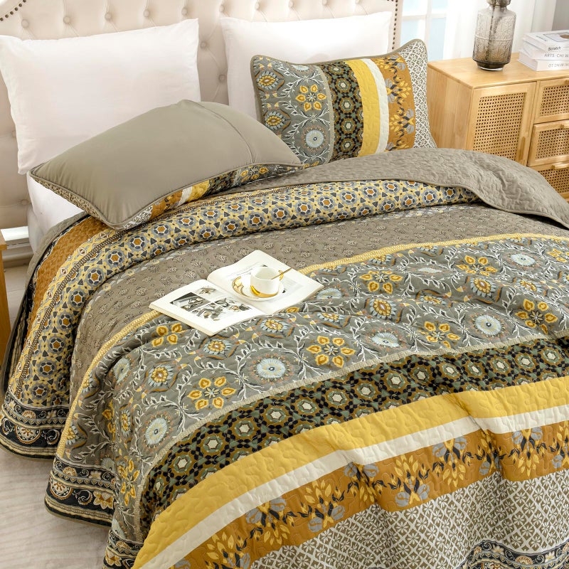 Yiran Fall Quilt King Size, Taupe Yellow Boho Vintage Bedspreads Bedding Set, Lightweight Chic Bohemia Coverlet Set with 2 Shams for Bed 96x90 Inch - Image 3