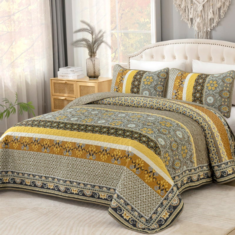 Yiran Fall Quilt King Size, Taupe Yellow Boho Vintage Bedspreads Bedding Set, Lightweight Chic Bohemia Coverlet Set with 2 Shams for Bed 96x90 Inch - Image 1