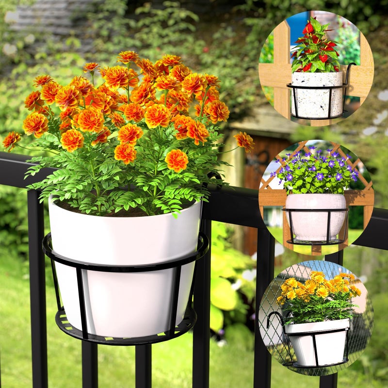 CADANI Iron Hanging Plant Holder Over The Rail Metal Fence Planters, Hanging Bucket Flower Pot Holder for Patio Balcony Outdoor Plants - Pack of 6 (Black) - Image 2