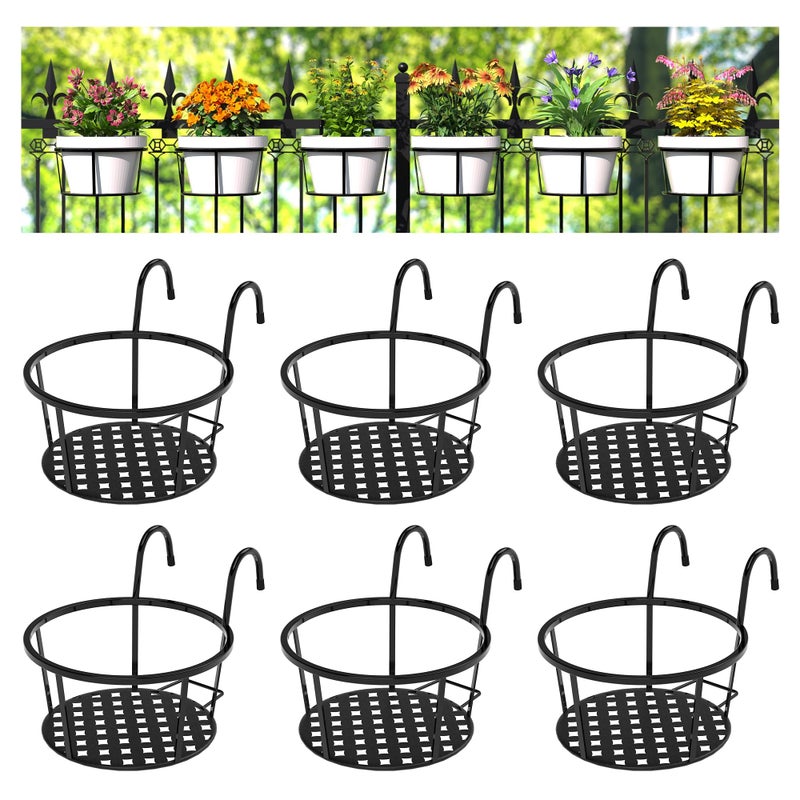 CADANI Iron Hanging Plant Holder Over The Rail Metal Fence Planters, Hanging Bucket Flower Pot Holder for Patio Balcony Outdoor Plants - Pack of 6 (Black) - Image 1