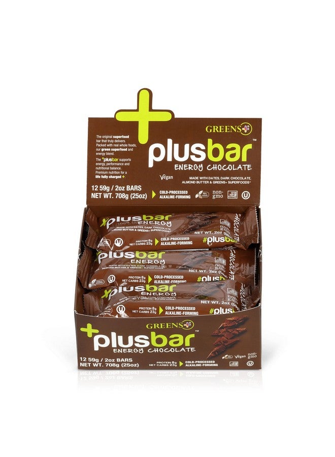 Greens+ Plusbar Energy Bars, Chocolate, Gluten Free Healthy Snacks with Organic Super Greens, Superfoods & Dark Chocolate, Vegan, Dairy Free & Non GMO, 8g Protein Meal Replacement Bars, 12 Bars - Image 1