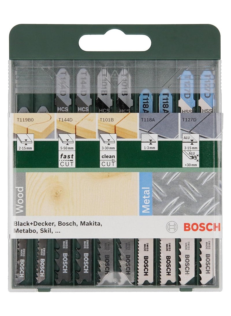 BOSCH 10-Piece T-Shank Jigsaw Blade Set for Wood Metal and Plastic – Mixed HCS & HSS Multi-Purpose Blades - Image 1