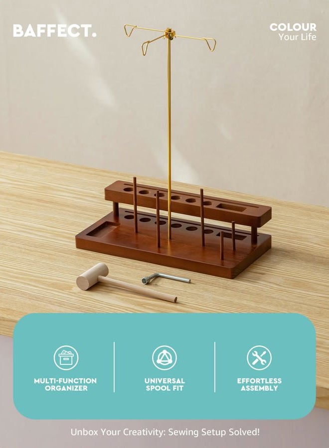 baffect Thread Spool Holder With Sewing Organizer, 3 Spools Holder For Home Sewing Machines, Wooden Craft and Quilting Supplies Organizer With Gold Metal Thread Stand, Ideal For Quilters - Image 2