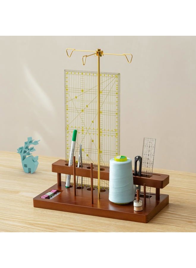 baffect Thread Spool Holder With Sewing Organizer, 3 Spools Holder For Home Sewing Machines, Wooden Craft and Quilting Supplies Organizer With Gold Metal Thread Stand, Ideal For Quilters - Image 1
