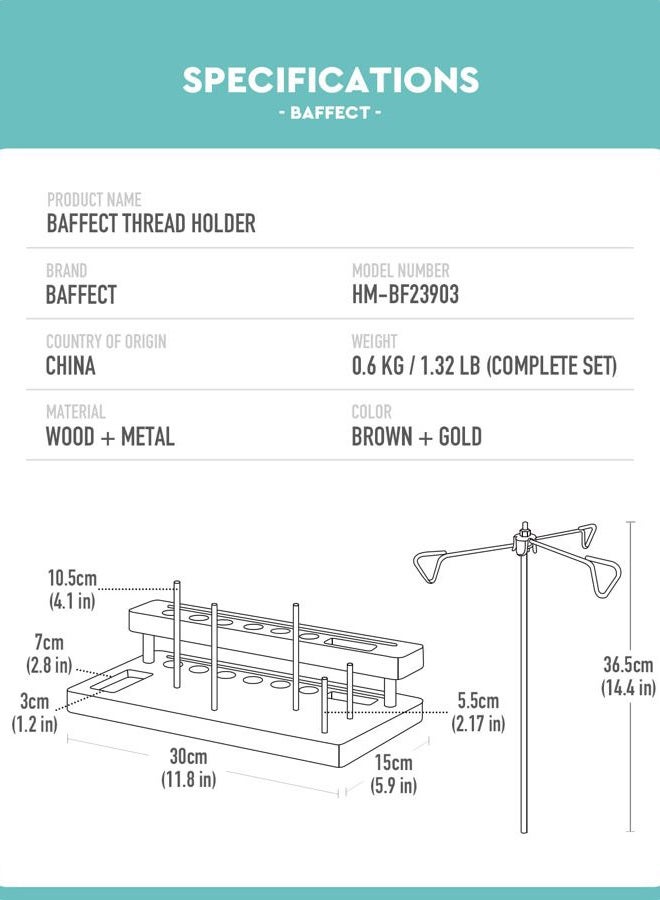 baffect Thread Spool Holder With Sewing Organizer, 3 Spools Holder For Home Sewing Machines, Wooden Craft and Quilting Supplies Organizer With Gold Metal Thread Stand, Ideal For Quilters - Image 4