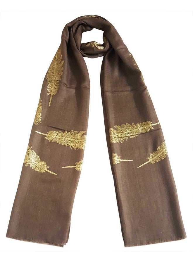 Mehrunnisa Shimmer Feather On Fine Wool Stole/Large Scarf - Unisex (GAR2561, Brown) - Image 1