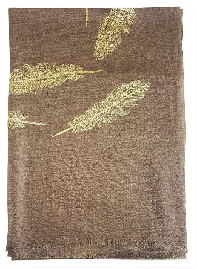 Mehrunnisa Shimmer Feather On Fine Wool Stole/Large Scarf - Unisex (GAR2561, Brown) - Image 3