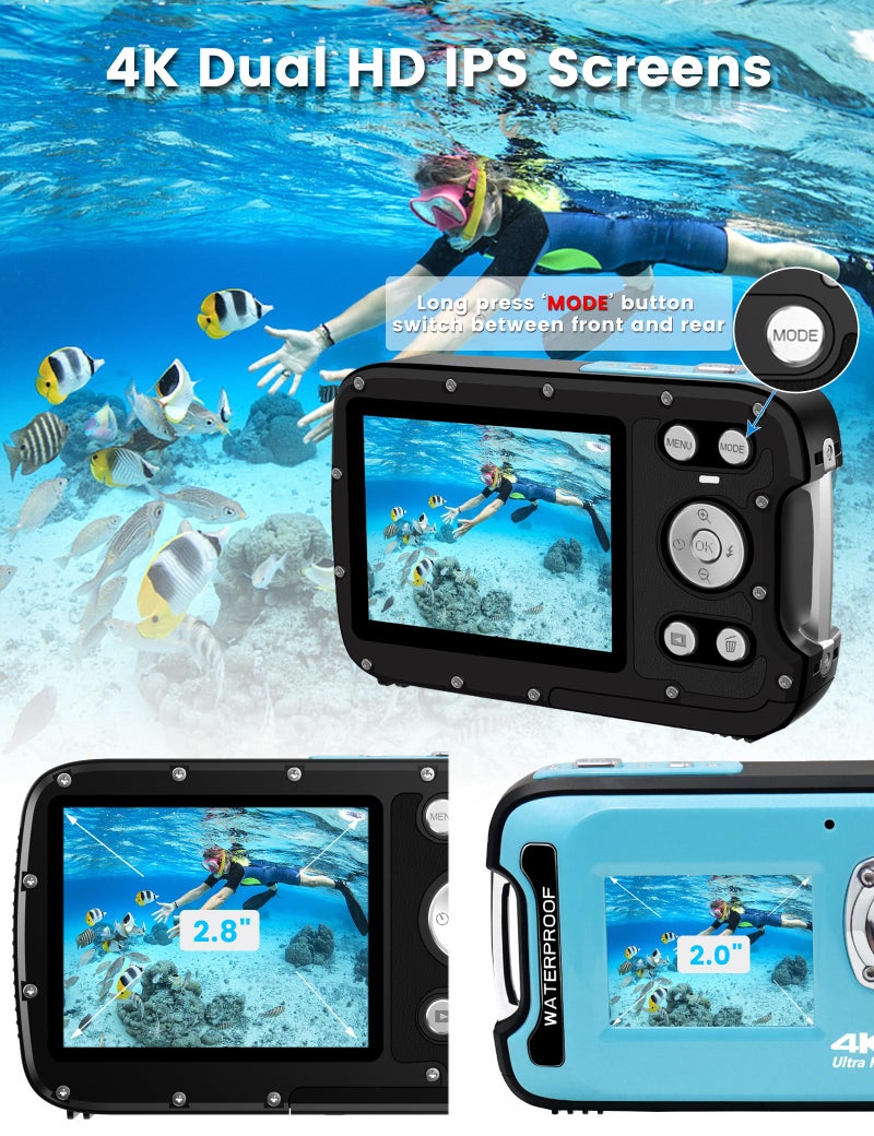 YEEIN Underwater Camera 4K 48MP Autofocus Selfie Dual Screen Waterproof Camera with Floating Strap and 32GB Card, 17FT Compact Waterproof Digital Camera, Fill Light Underwater Camera for Snorkeling - Image 5