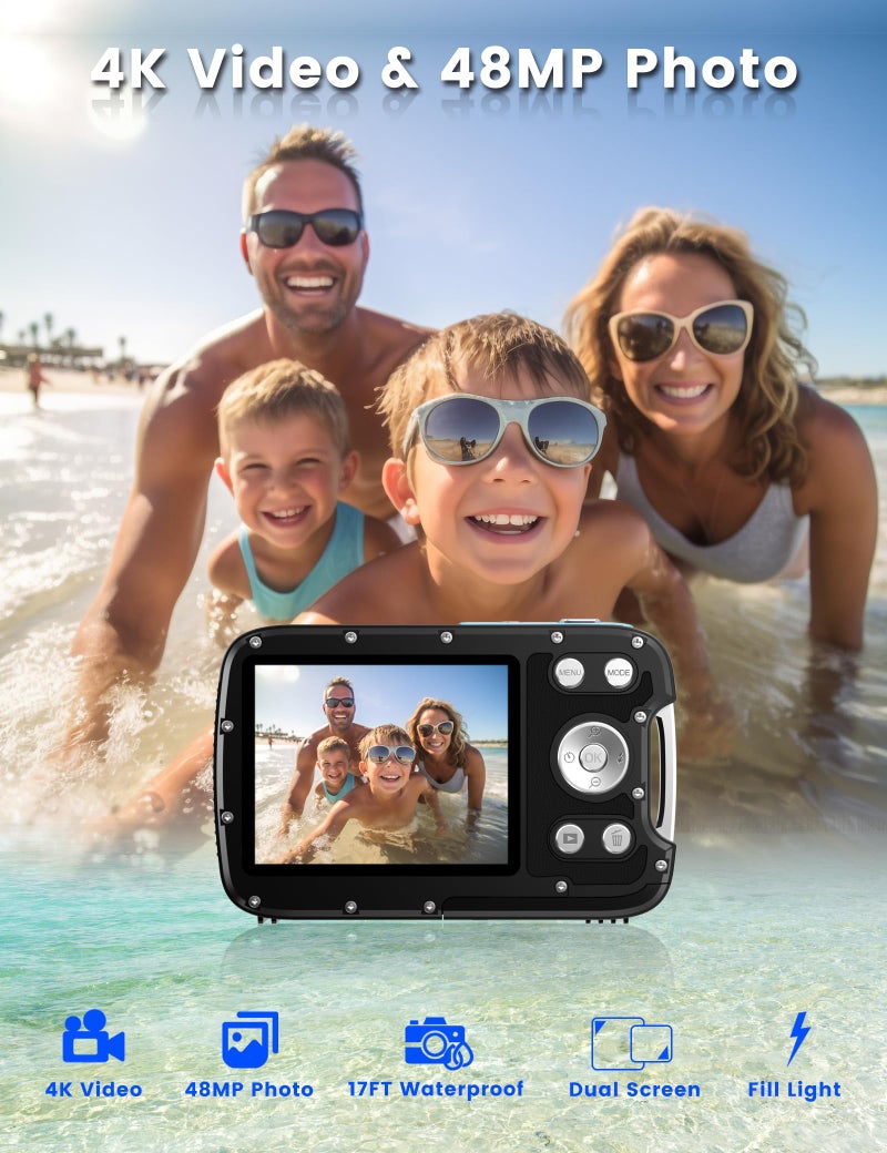 YEEIN Underwater Camera 4K 48MP Autofocus Selfie Dual Screen Waterproof Camera with Floating Strap and 32GB Card, 17FT Compact Waterproof Digital Camera, Fill Light Underwater Camera for Snorkeling - Image 2