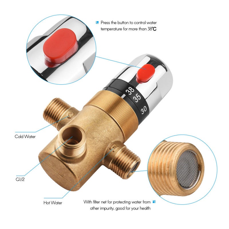 Thermostatic Mixing Valve 3/4: Premium Brass Construction - Anti-Scald Safety Button & Filter Net Thermostatic Temperature Control Valve for Bathroom Kitchen Solar Heating Water Piping Systems - Image 3