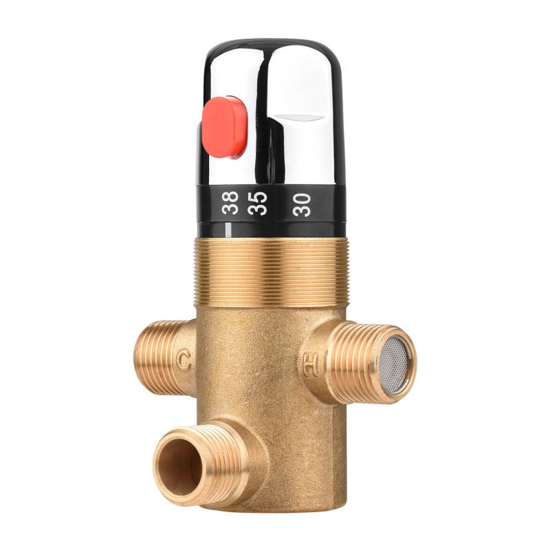 Thermostatic Mixing Valve 3/4: Premium Brass Construction - Anti-Scald Safety Button & Filter Net Thermostatic Temperature Control Valve for Bathroom Kitchen Solar Heating Water Piping Systems - Image 2