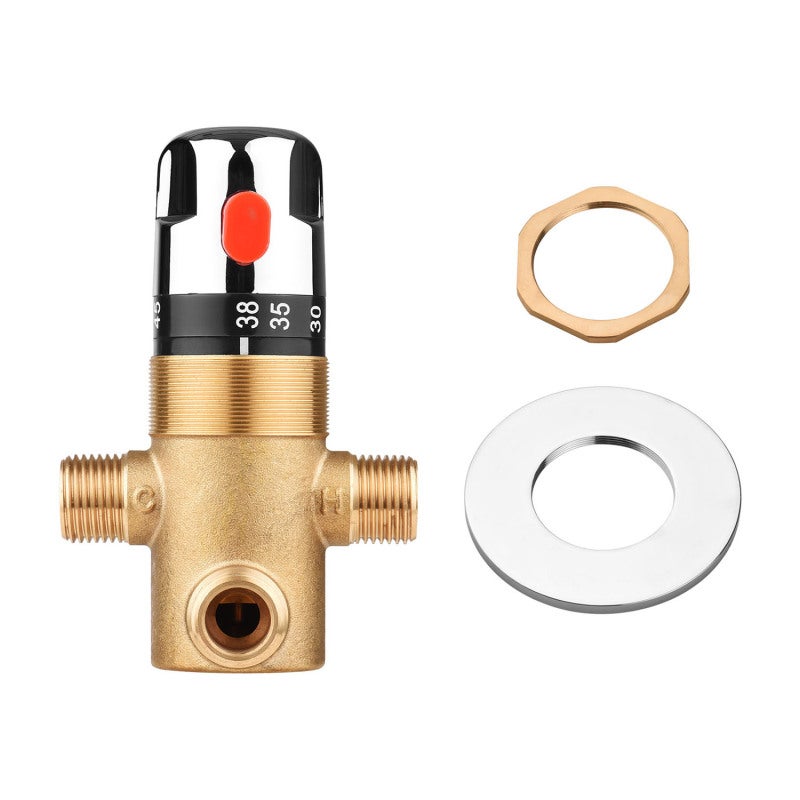 Thermostatic Mixing Valve 3/4: Premium Brass Construction - Anti-Scald Safety Button & Filter Net Thermostatic Temperature Control Valve for Bathroom Kitchen Solar Heating Water Piping Systems - Image 5