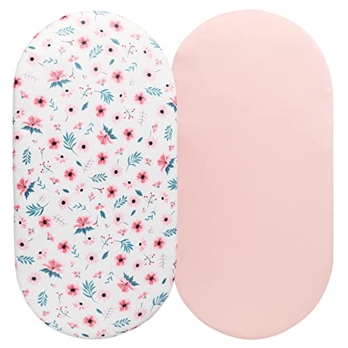 Tontukatu Bassinet Sheet Set 2 Pack Snug Fitted Cradle Fitted Sheets Stretchy Ultra Soft for Oval Rectangle Hourglass Bassinet Mattress Unisex Boy Girl Floral Pink