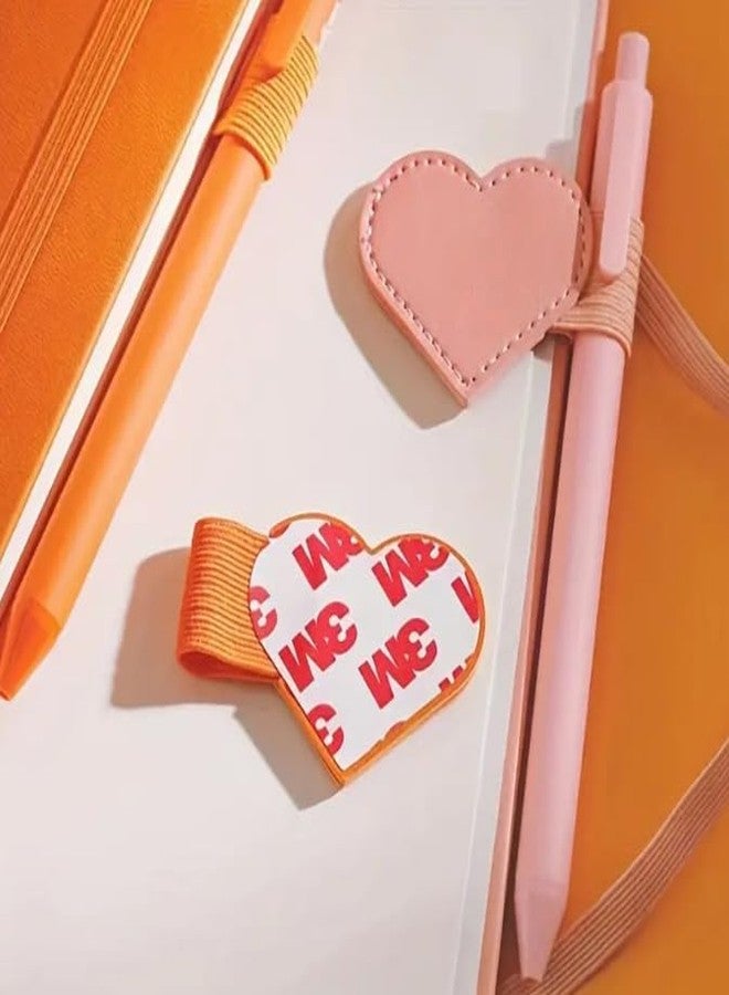 Feilguee 4 PCS Self-adhesive Leather Heart Pen Holder with Elastic Loop Colorful Pen Holder Sticker Pad Designed for Notebooks Journals Desks Planners Calendars School Office - Image 3