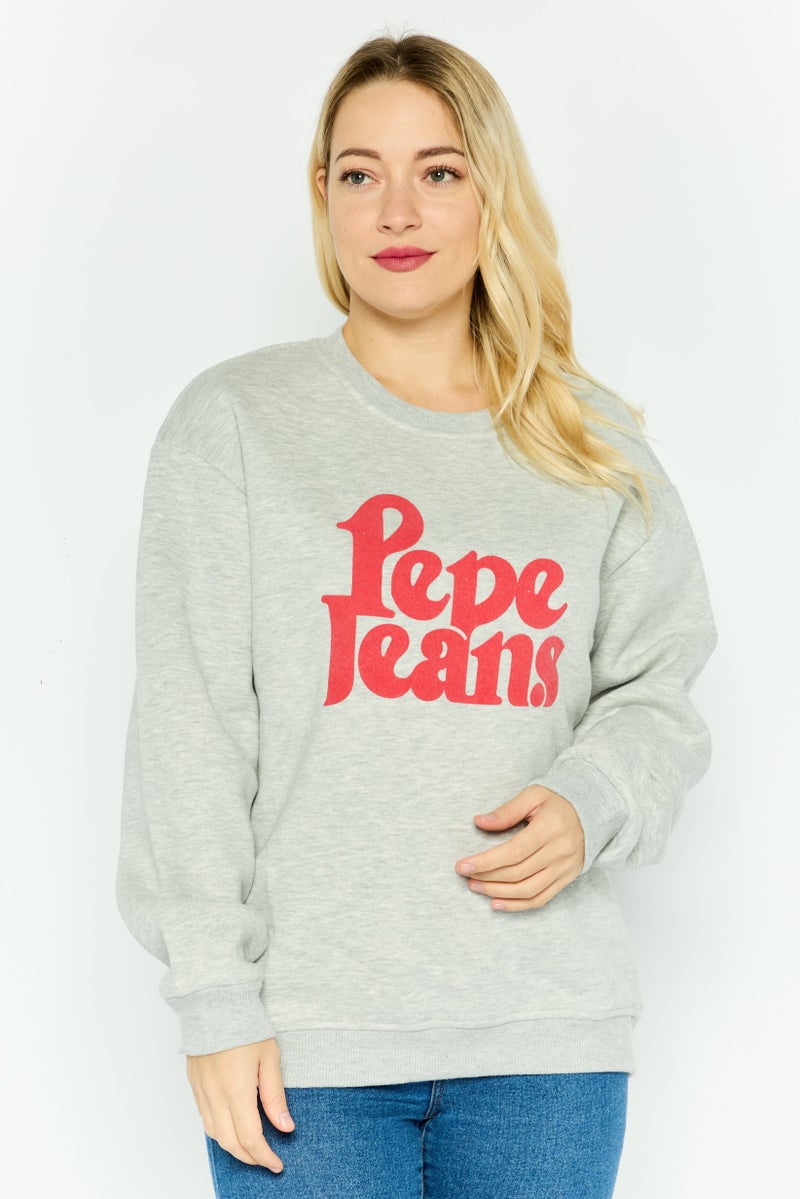 Pepe Jeans سويت شيرت نسائي بأكمام طويلة وياقة دائرية بشعار العلامة التجارية، رمادي - Image 1