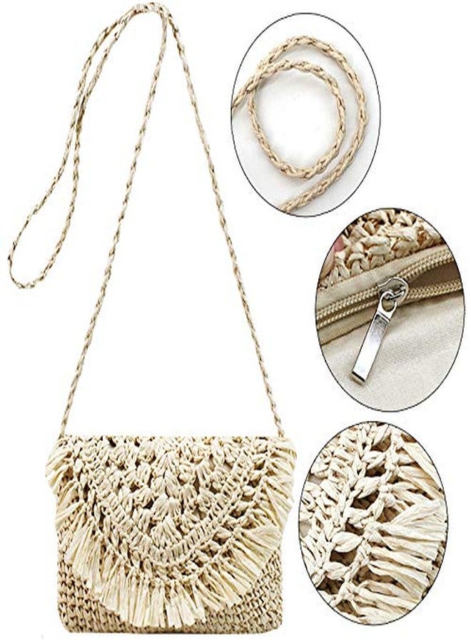 Lobagve Women's Straw Crochet Tassel Shoulder Purse Bohemian Messenger Bag Envelope Beach Bag Beige - Image 5