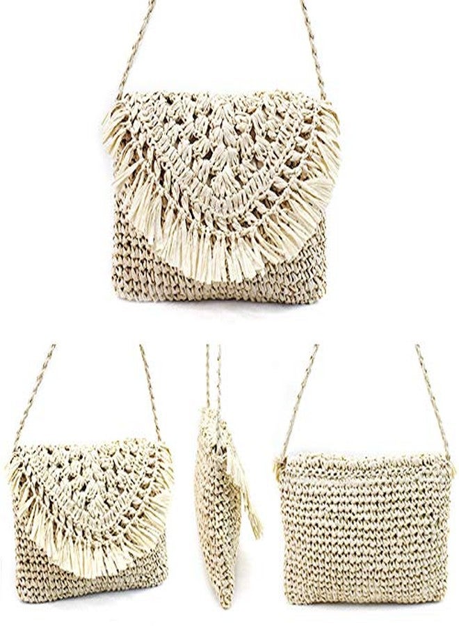 Lobagve Women's Straw Crochet Tassel Shoulder Purse Bohemian Messenger Bag Envelope Beach Bag Beige - Image 2