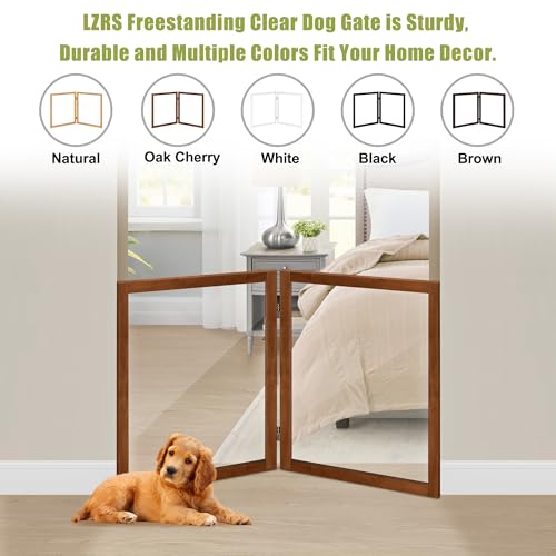 LZRS Clear Dog Gate for Indoor Use - Transparent Pet Fence with Solid Hardwood and Plastic Board, Stylish & Durable freestanding Pet Gate for Doorways, Stairs and Hallways-2 Panel Cherry - Image 4