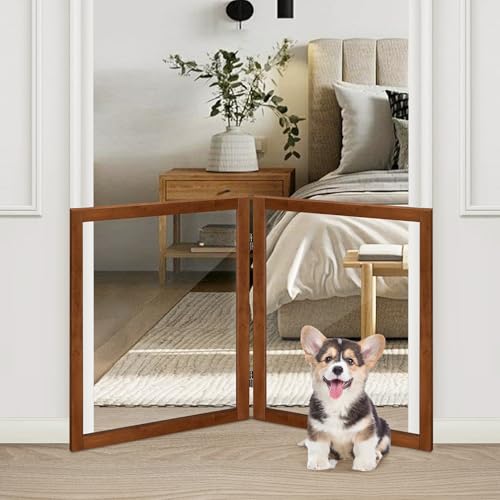LZRS Clear Dog Gate for Indoor Use - Transparent Pet Fence with Solid Hardwood and Plastic Board, Stylish & Durable freestanding Pet Gate for Doorways, Stairs and Hallways-2 Panel Cherry - Image 1