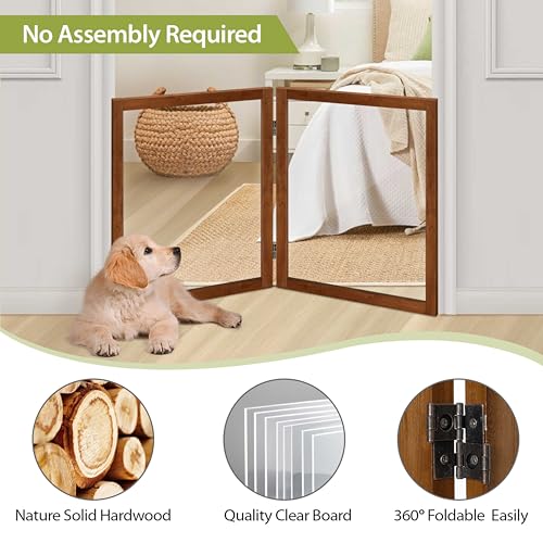 LZRS Clear Dog Gate for Indoor Use - Transparent Pet Fence with Solid Hardwood and Plastic Board, Stylish & Durable freestanding Pet Gate for Doorways, Stairs and Hallways-2 Panel Cherry - Image 3
