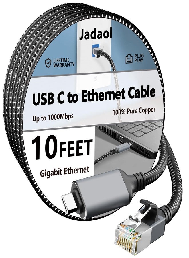 Jadaol USB C to Ethernet Cable 10 FT, Driver-Free Type C to RJ45, Thunderbolt 3/4 Compatible, Plug & Play, Nylon Braided, 1Gbps Gigabit LAN for MacBook Pro/Air, iPhone 15 Pro/Max, Dell XPS, Galaxy S8-S23 - Image 1