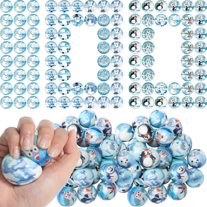 Liliful 100 Pcs Winter Stress Balls Bulk Holiday Party Favor Gifts 12 Cute Patterns Snowman Penguin Polar Bear Sensory Anxiety Relief Bag Fillers Stocking Stuffers - Image 3