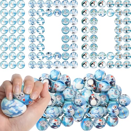 Liliful 100 Pcs Winter Stress Balls Bulk Holiday Party Favor Gifts 12 Cute Patterns Snowman Penguin Polar Bear Sensory Anxiety Relief Bag Fillers Stocking Stuffers - Image 1