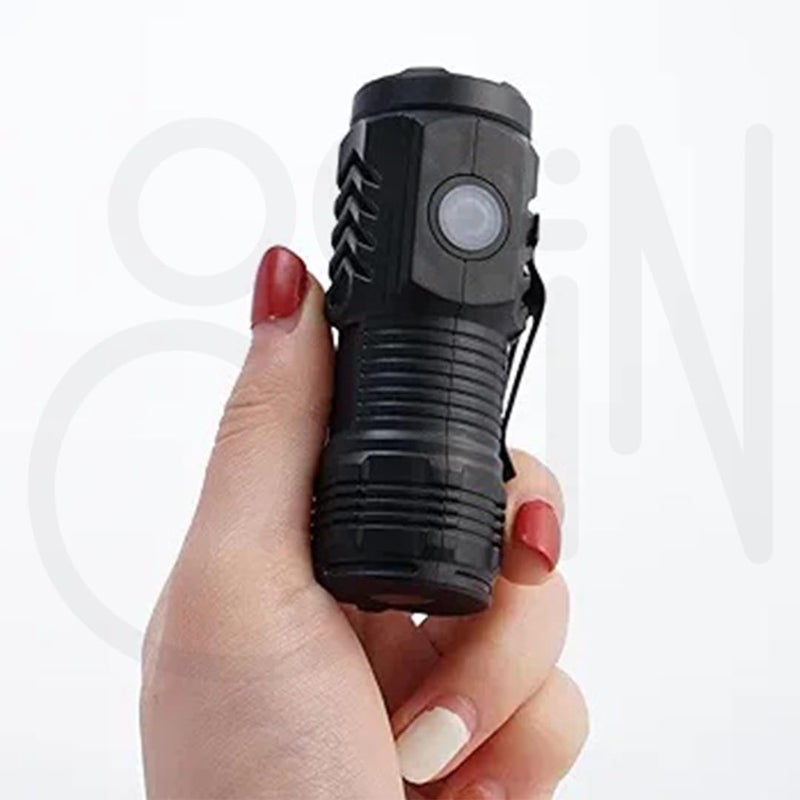 Ostin Pocket Torch Light with Clip Steel High Lumen Rechargeable Waterproof Torch Mini Torch Light Rechargeable ThreeEyed Torch Light for Indoor Outdoor Camping Emergency Black - Image 2