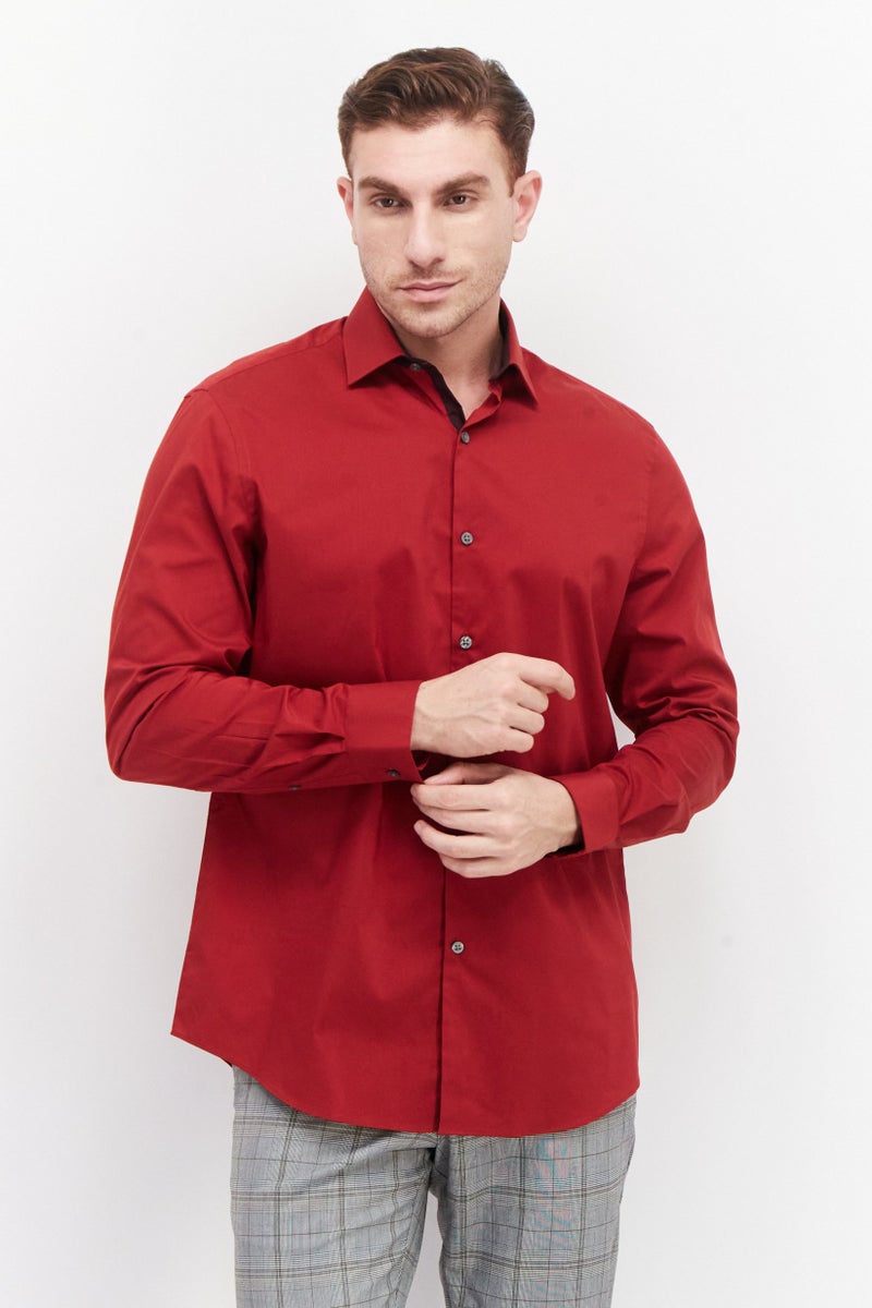 Van Heusen Men Regular Fit Long Sleeve Plain Dress Shirt, Red - Image 1