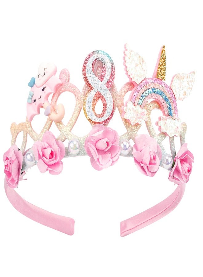 SuPoo 8th Birthday Headband Flower Crown for Girls Princess Tiara Decorations Hair Band Cute 8 Year Old Party Accessory - Image 1