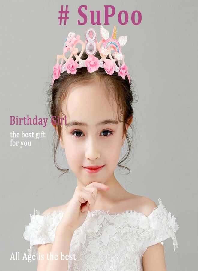 SuPoo 8th Birthday Headband Flower Crown for Girls Princess Tiara Decorations Hair Band Cute 8 Year Old Party Accessory - Image 3
