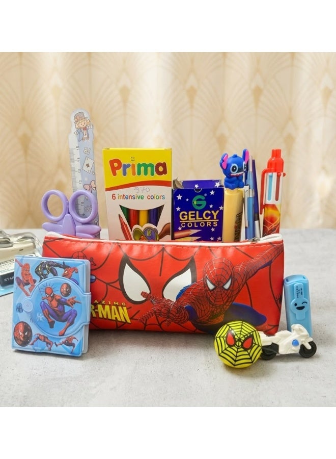 Pencil case + school supplies (notebook + sharpener + eraser + ballpoint pen + 6-color pen + mechanical pencil + cardboard pen + colored pencils + markers + ruler)