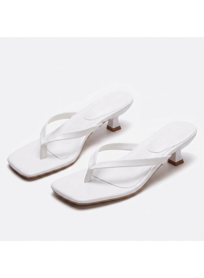 Women's White Square Toe Kitten Heel High-Heeled Flip-Flop Sandals - Image 1