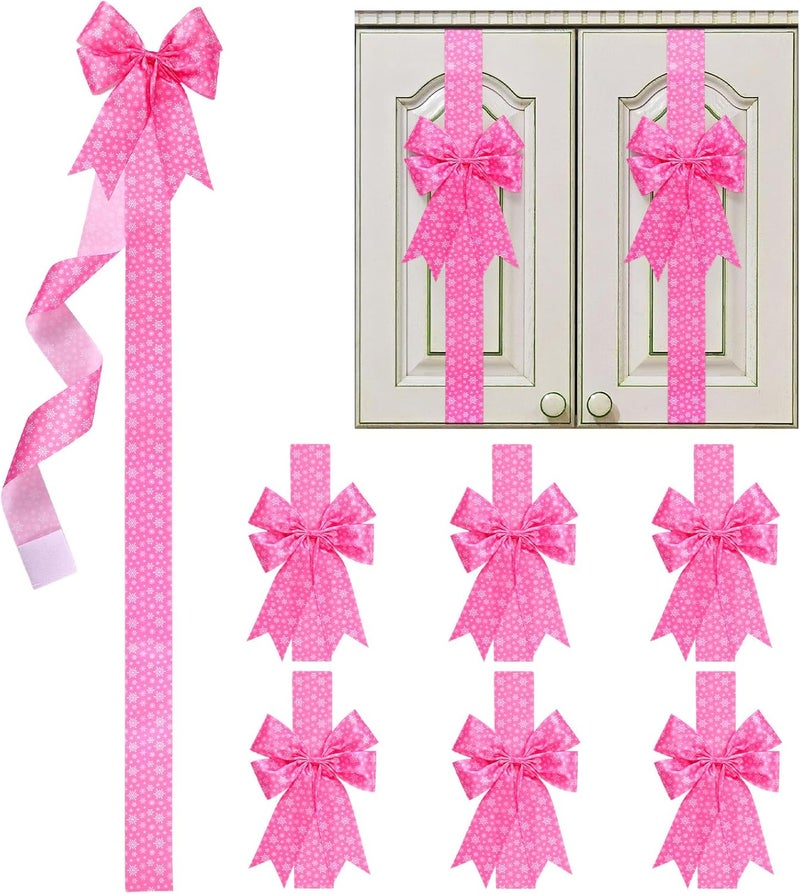 WILLBOND 8 Pcs Christmas Cabinet Ribbons Bows for Kitchen 78.8 Inch Large Pink Snowflake Christmas Door Ribbon for Gift Xmas Tree Home Fireplace Furniture Party Decor - Image 1