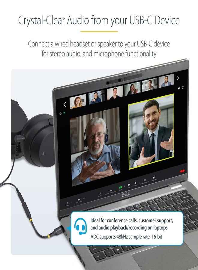 StarTech.com 5in (12.7cm) USB-C to 3.5mm TRRS Headphone/Headset Jack Audio Adapter, 32-bit DAC, USB C Aux Dongle for PC/Phone - Image 3