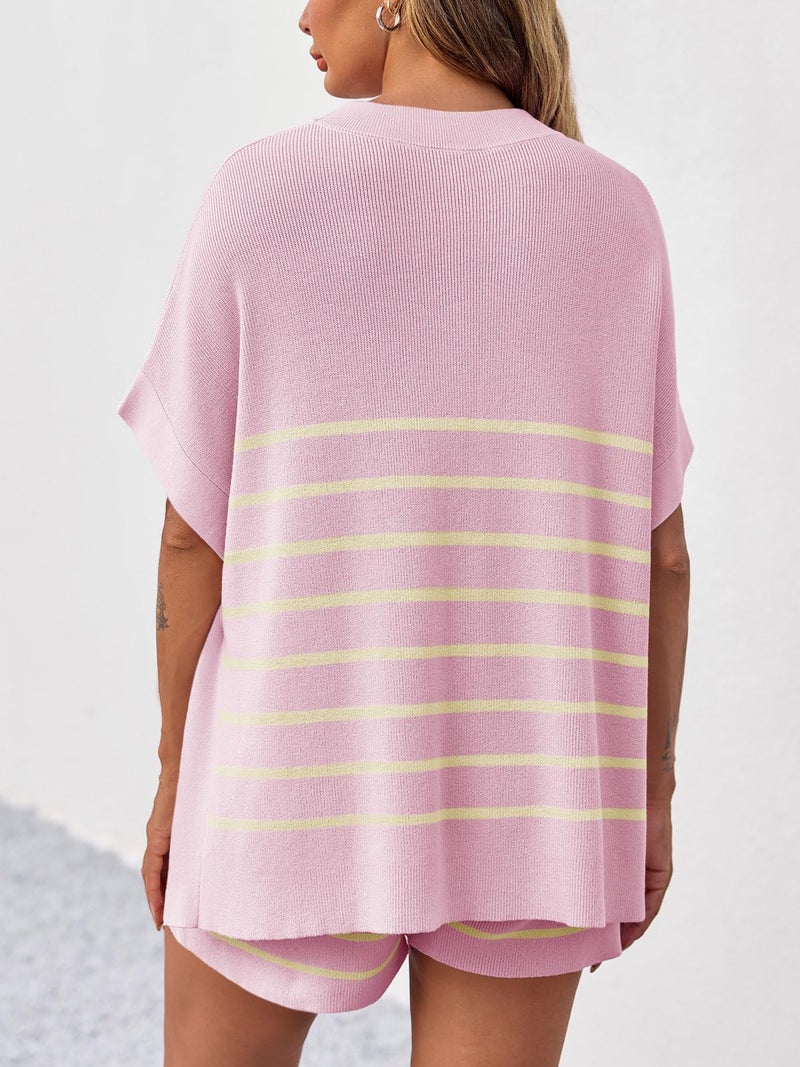 Fisoew Women's Striped 2 Piece Outfits Oversized Batwing Short Sleeve Tops High Waisted Shorts Summer Knit Lounge Short Sets Pink - Image 4
