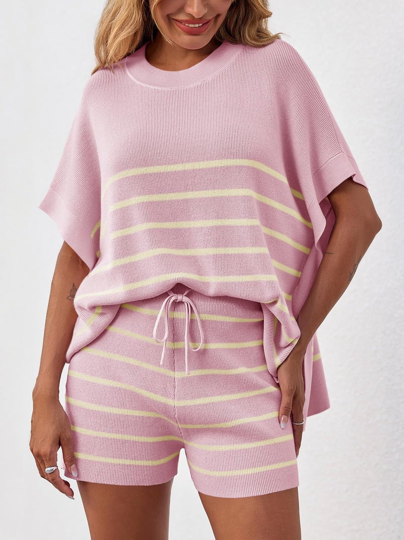 Fisoew Women's Striped 2 Piece Outfits Oversized Batwing Short Sleeve Tops High Waisted Shorts Summer Knit Lounge Short Sets Pink - Image 5