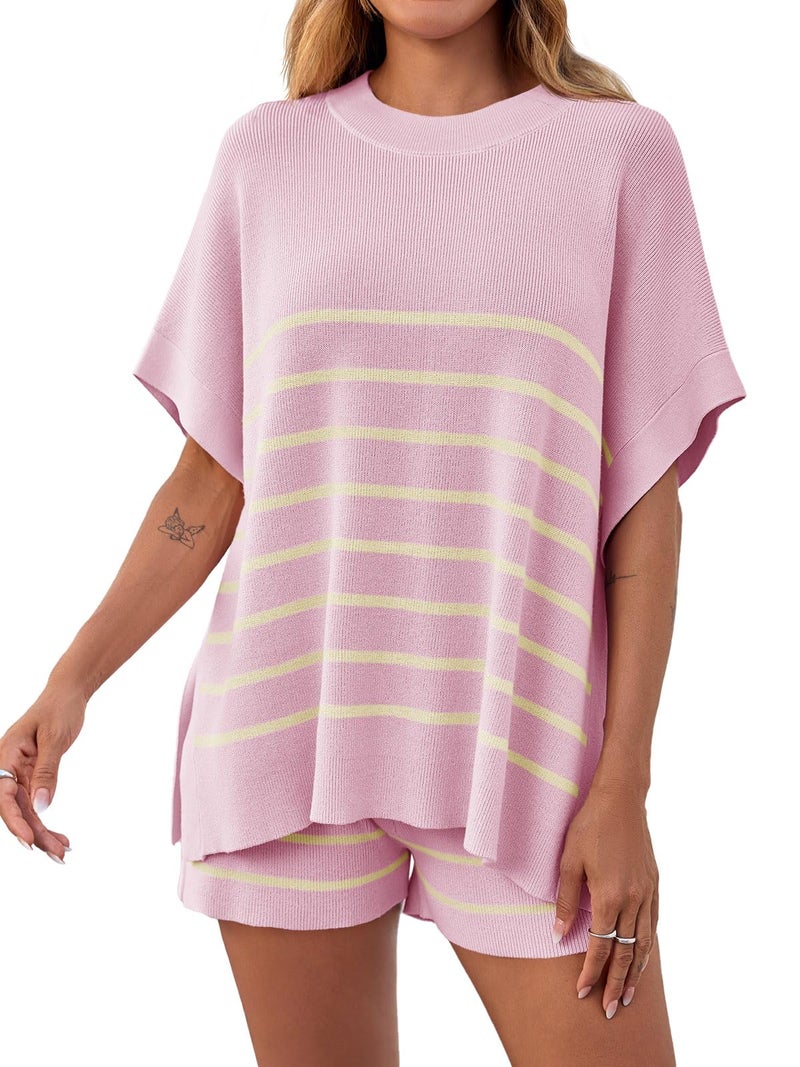 Fisoew Women's Striped 2 Piece Outfits Oversized Batwing Short Sleeve Tops High Waisted Shorts Summer Knit Lounge Short Sets Pink - Image 1